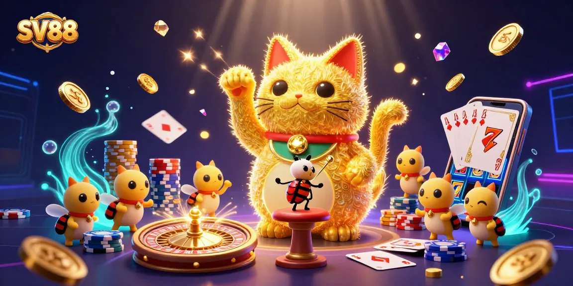 SV88 showcases vibrant casino elements with cascading coins and lucky symbols