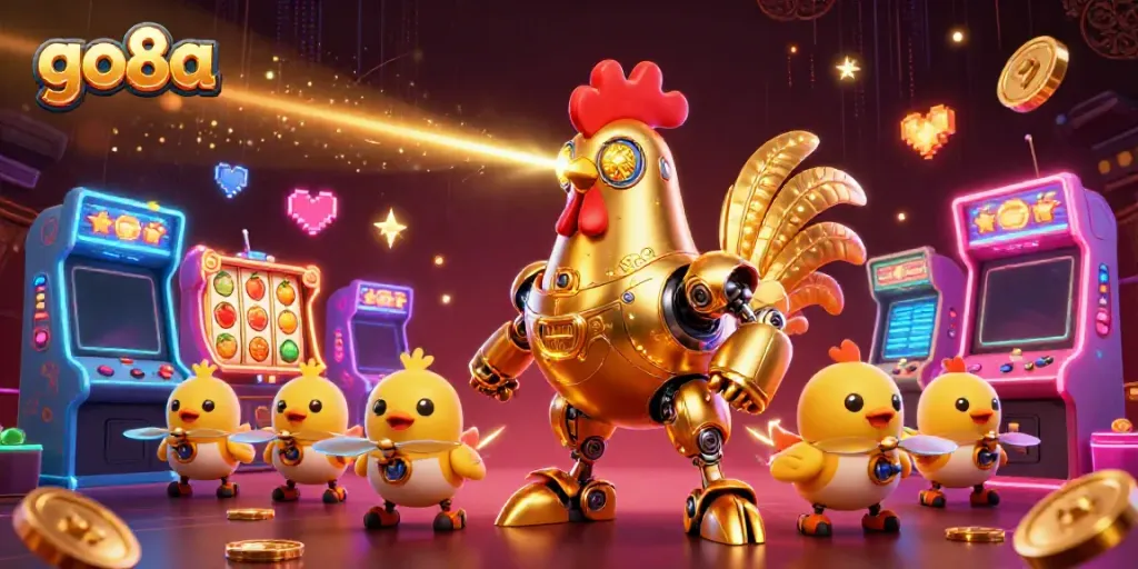 Experience the excitement of go8a with a golden rooster robot among vibrant slot reels in this dynamic casino illustration.