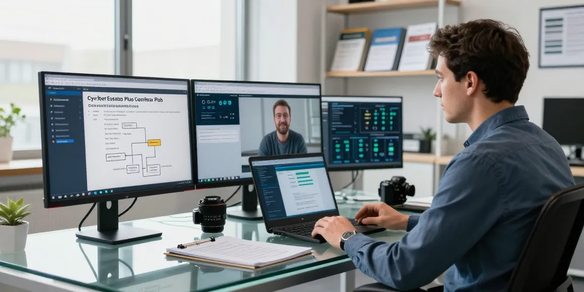 Cyber Essentials Plus cost consultation in a modern office with multiple monitors and data analytics.
