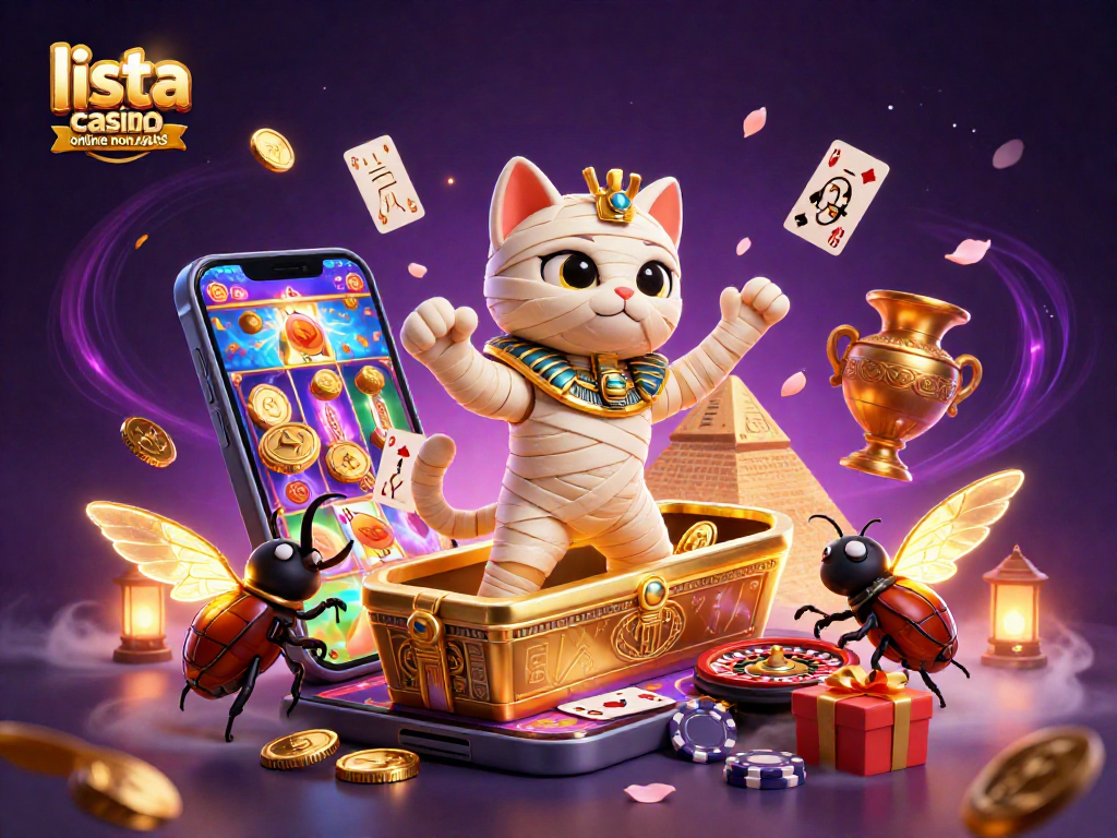 Crea la tua fortuna con la lista casino online non AAMS mentre il gatto mummia gioca tra carte e monete d'oro.