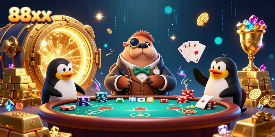 Engage with the 88xx world of poker strategy featuring a whimsical walrus, penguin dealer, and pufferfish bluffer.