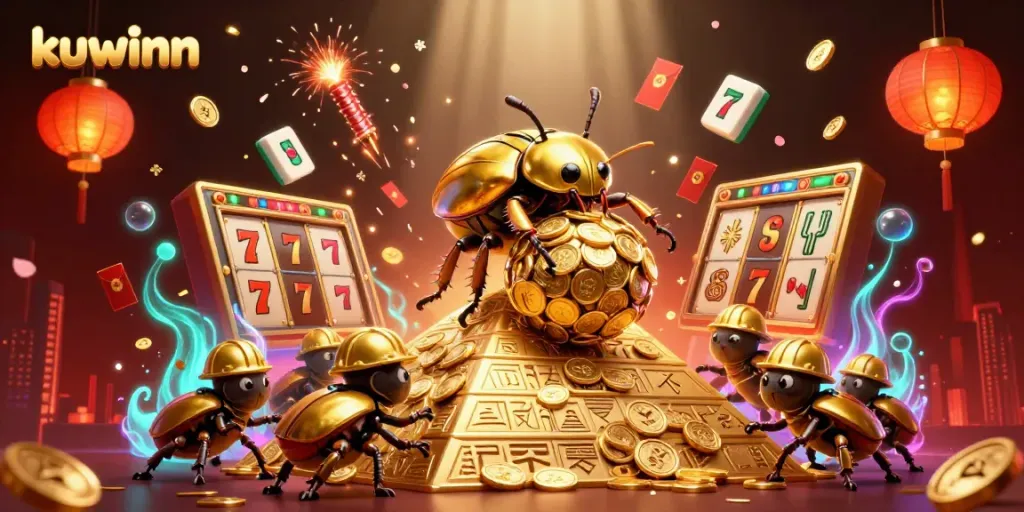 Kuwinn theme featuring a golden beetle rolling coins with casino elements and captivating glow effects.