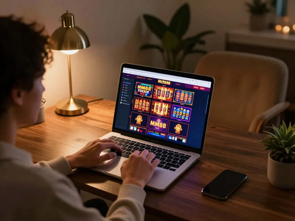 Experience strategic online gaming with MM88 TODAY, showcasing a player engaged in casino games on a sleek laptop.