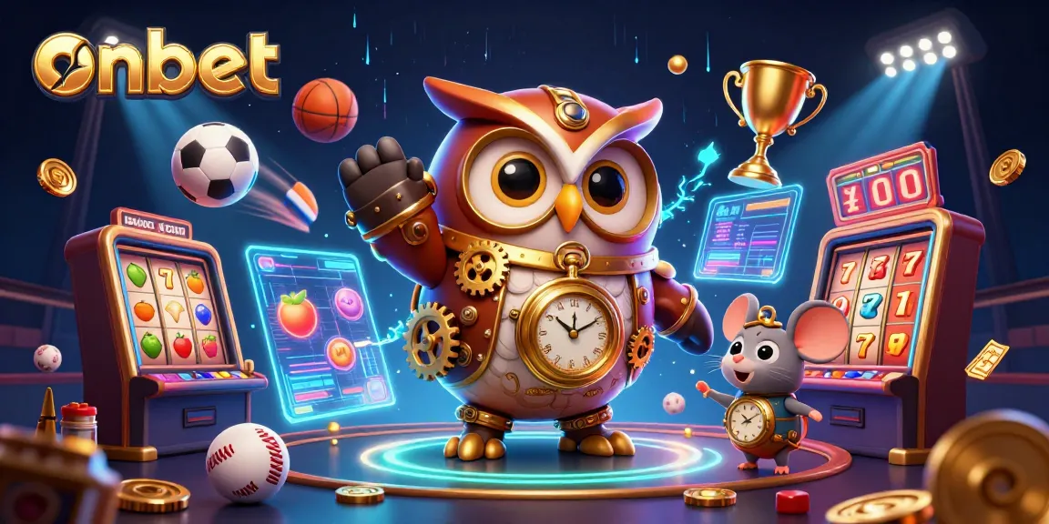 Join onbet's thrilling casino action with a time-traveling owl and luck-filled slot elements in a vibrant scene.