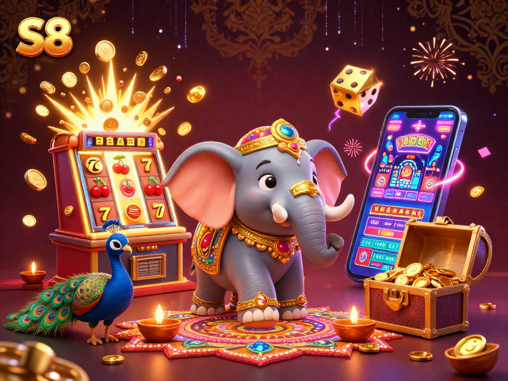 S8 slot machine bursts with coins alongside vibrant characters in an exciting casino scene.