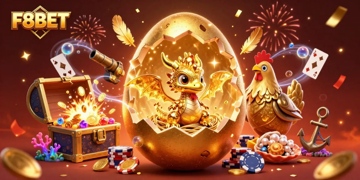 Experience the magic of F8BET with this exciting 3D illustration featuring a golden dragon and poker elements.
