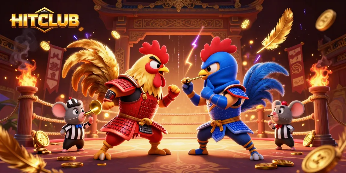 Experience the thrill of HITCLUB with twin fighting roosters in a dynamic standoff amidst a vibrant casino atmosphere.