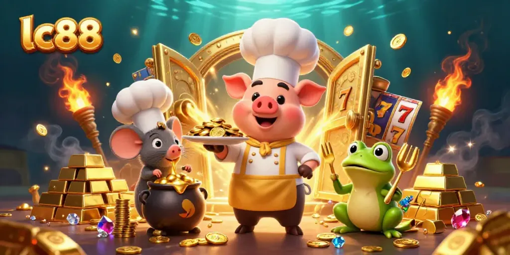 Experience the thrill of lc88 slots with abundant gold coins and characters in a vibrant casino scene.