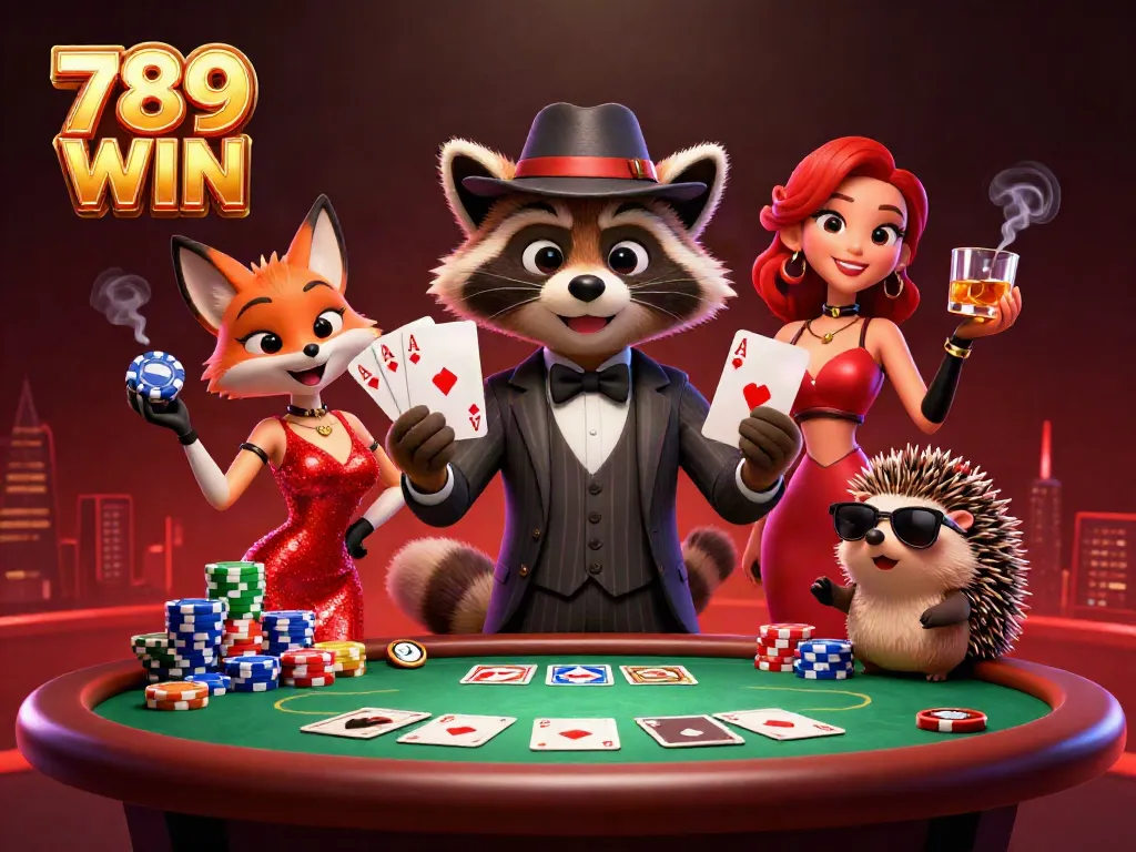 Experience high-stakes action with 789 WIN casino scene featuring a raccoon, fox, and hedgehog around a poker table.