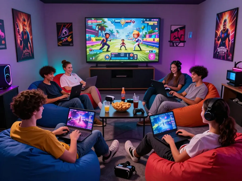Enjoying a lively gaming session with friends as they play engaging online porn games in a vibrant virtual lounge.