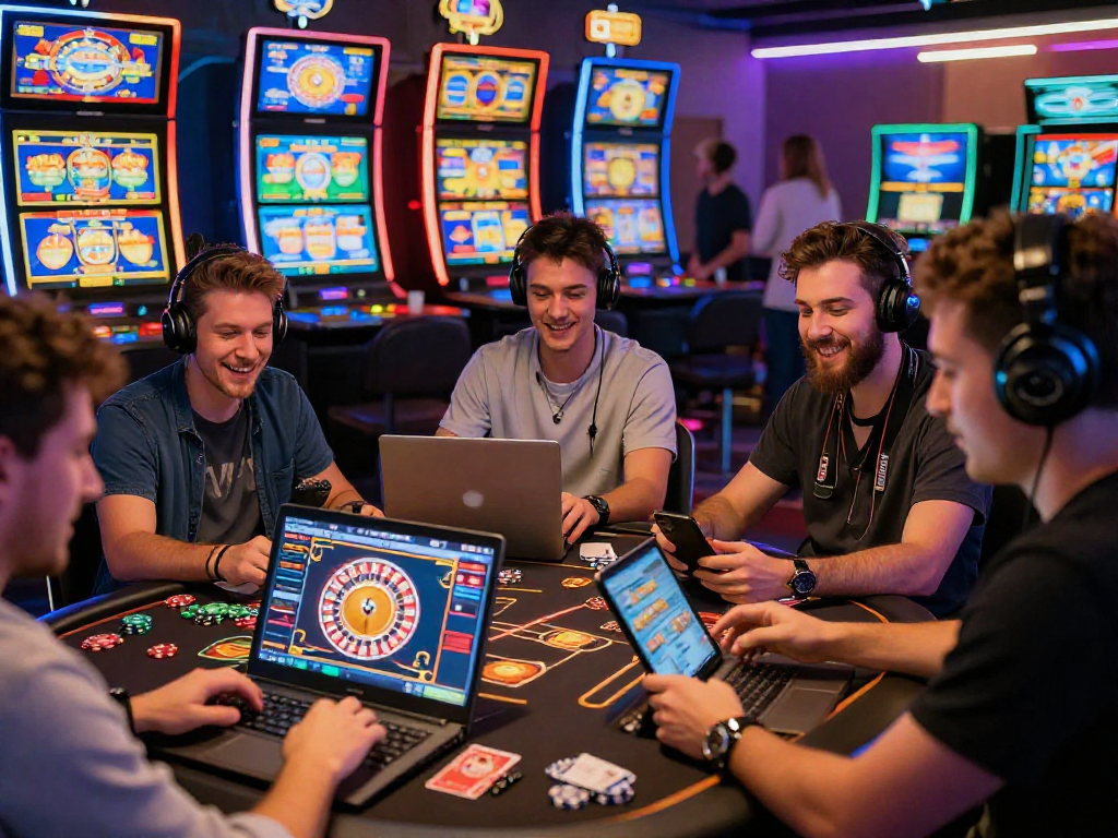 Giocatori entusiasti mentre esplorano la lista casino online non AAMS con slot e giochi vari.