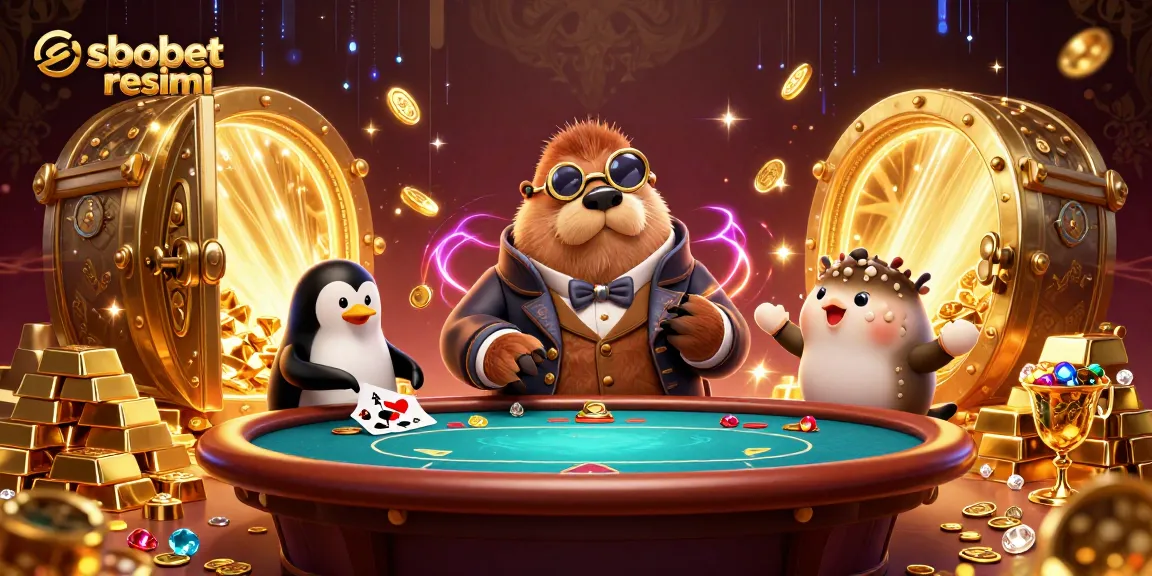 Engaging scene of a walrus playing poker, promoting sbobet resmi casino experience.