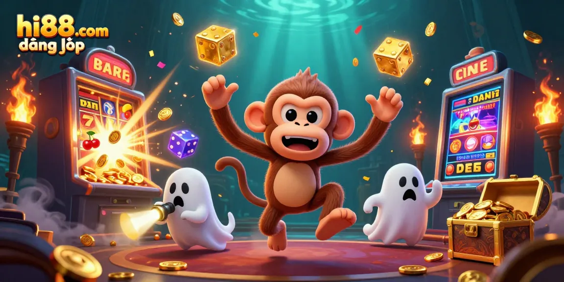 Engage in thrilling gaming at hi88.com đăng nhập, with a playful ghost chasing golden treasures.
