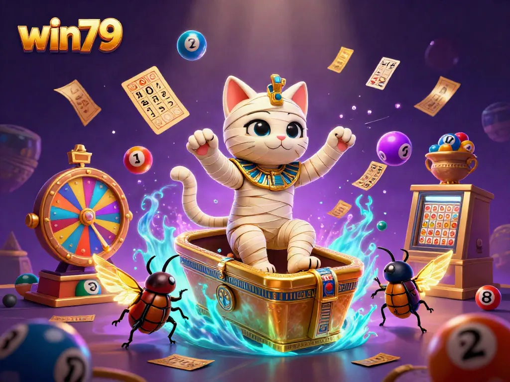 Experience thrilling win79 gameplay with an Egyptian mummy cat and vibrant casino elements.