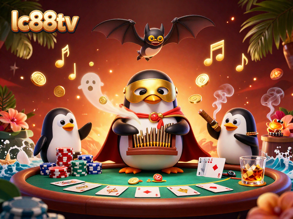 Experience exciting gaming moments at lc88tv with a lively penguin playing the organ amidst colorful poker elements.
