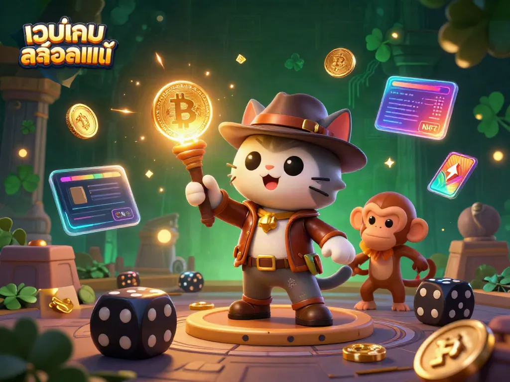 Engage with เว็บเกมสล็อตแท้ showcasing a vibrant scene of an explorer cat unearthing casino artifacts amidst neon cryptocurrency elements.