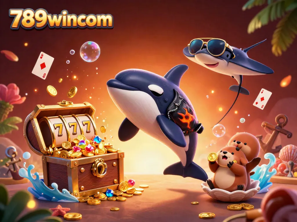 Experience the excitement of 789wincom with a vibrant underwater casino scene featuring fun characters and slot elements.