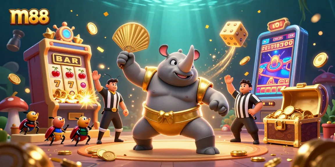 Experience thrilling gameplay with m88 as the rhinoceros beetle sumo champion stomps coins in a colorful casino.