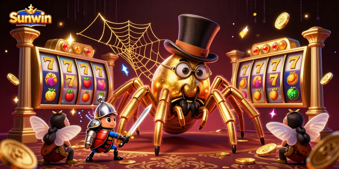 Engage with Sunwin's vibrant casino scene featuring a golden tarantula and beetle knight, immersed in thrilling slot gameplay.