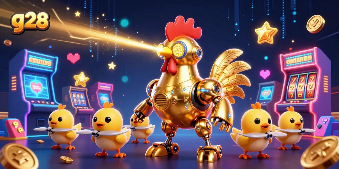 Experience g28 with a golden rooster robot, slot reels, and dynamic gaming elements in a vibrant casino scene.