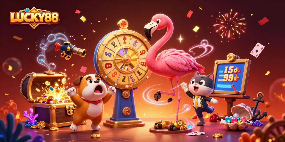 Excited gaming scene showcasing LUCKY88 with a flamingo host, bulldog contestant, and prize-winning cat assistant.