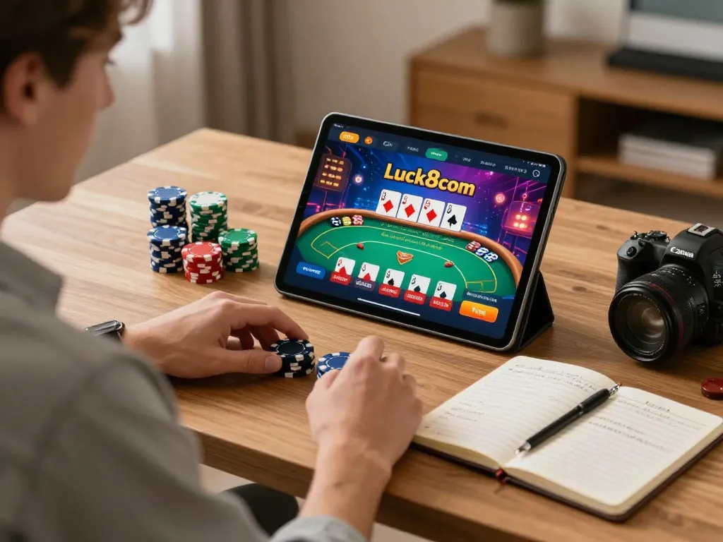 Engaged player exploring luck8com on a tablet amidst strategic poker notes in a cozy setting.
