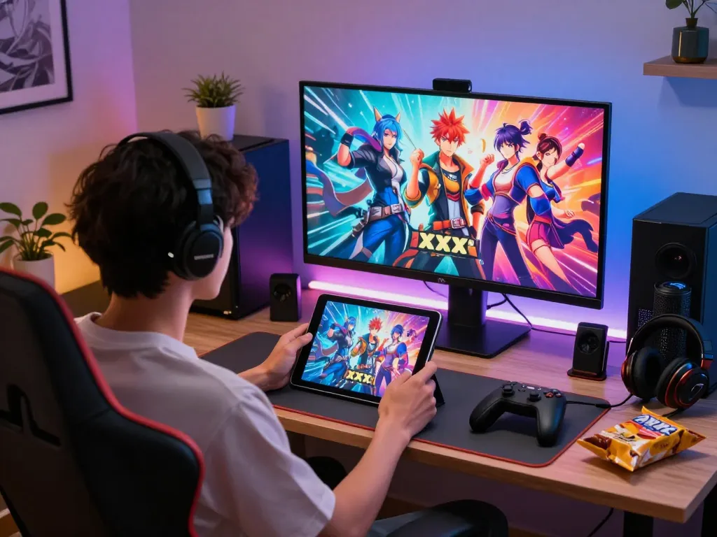 Player enjoying immersive xxx games on a tablet, showcasing colorful character art and a cozy gaming atmosphere.