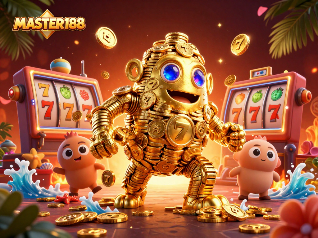 Join the thrill at MASTER188 with a vibrant golden golem and dynamic slot game elements!